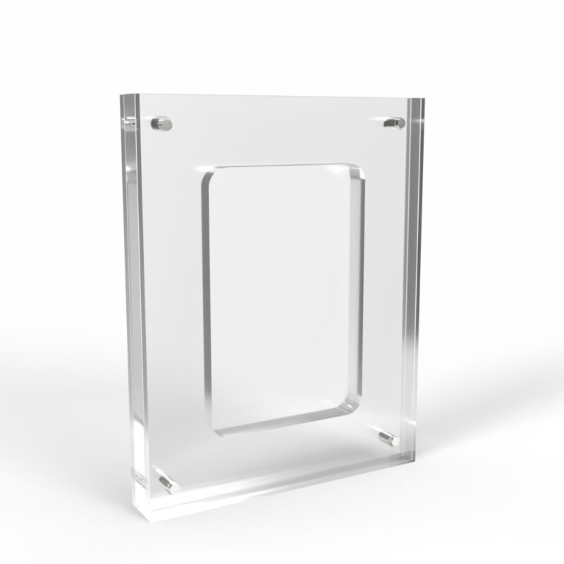 Clear acrylic photo frame, transparent freestanding display.