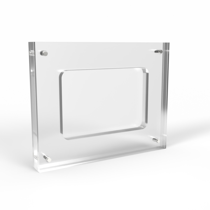 Clear acrylic photo frame, minimalist design.