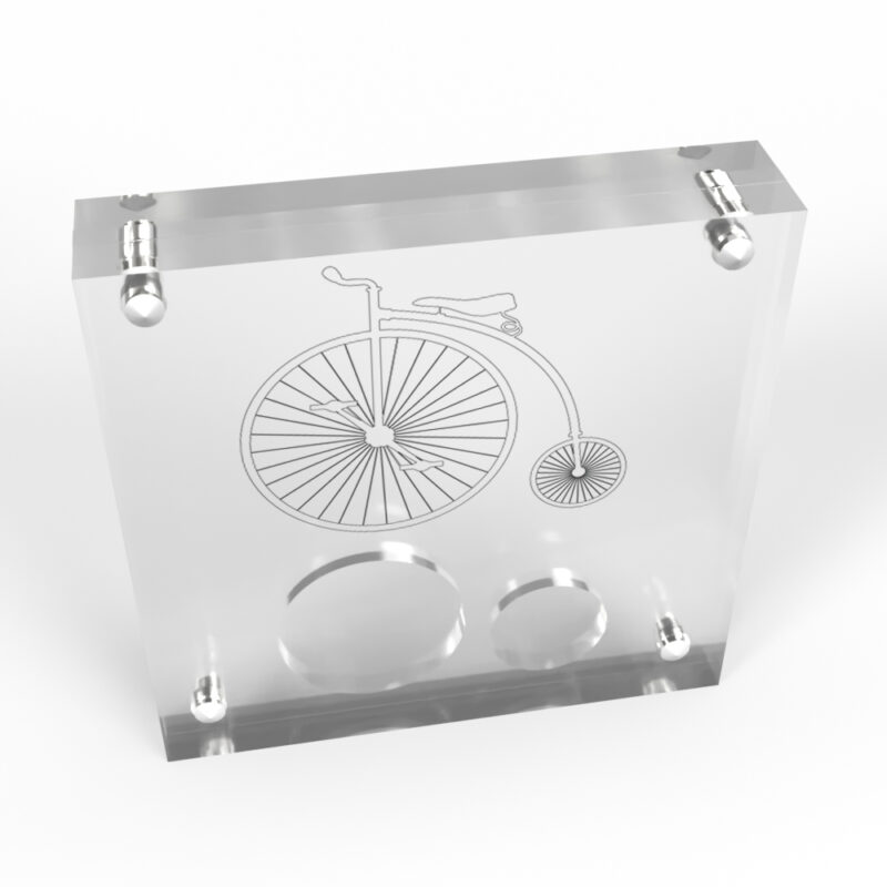 3D glass block with penny-farthing engraving