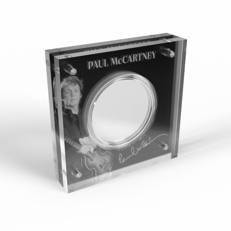 Paul McCartney acrylic display with guitar image and signature.