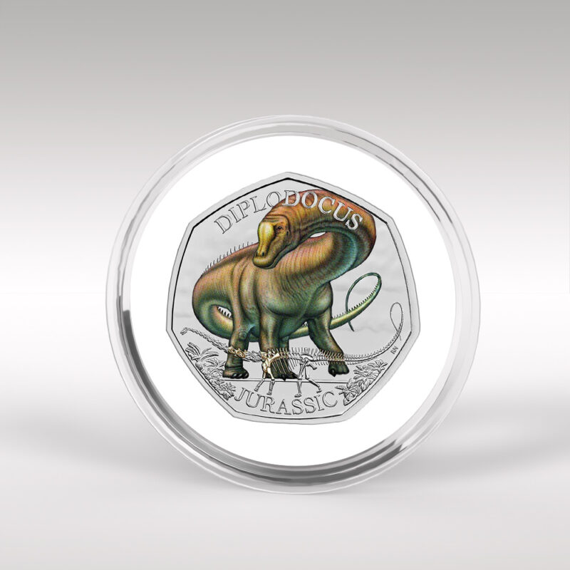 Diplodocus dinosaur commemorative coin in a protective case.