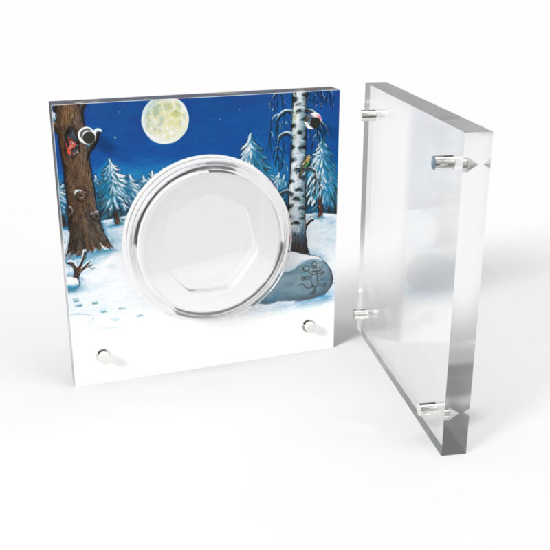 Glass display case with winter scene design