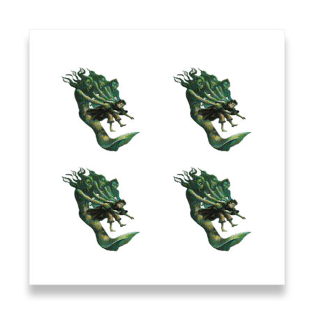 Graphic of four identical green mermaid figures