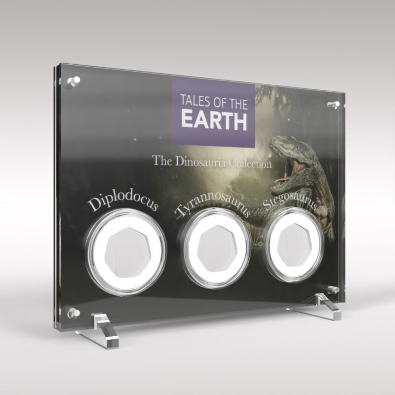 Tales of the Earth Dinosauria coin collection display.