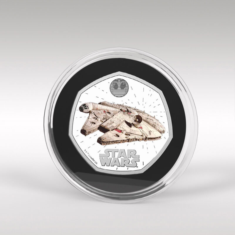 Star Wars Millennium Falcon collectible coin in transparent case.