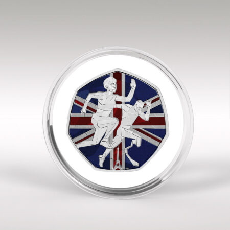 Commemorative coin with British flag and athletes