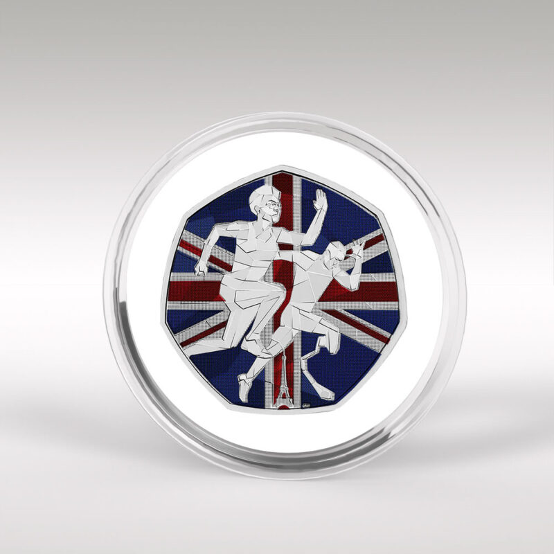 Commemorative coin with British flag and athletes