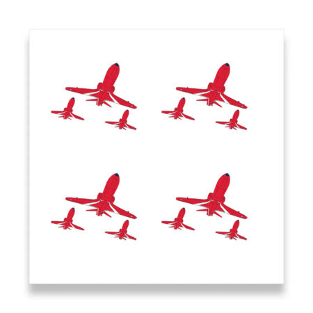 Pattern of red acrobatic jets on white background.