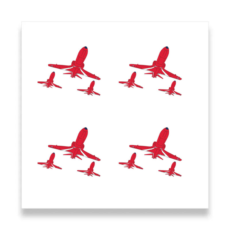 Pattern of red acrobatic jets on white background.