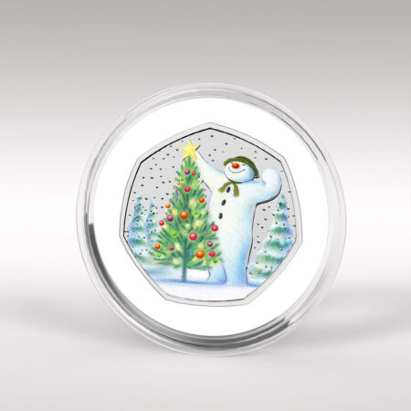 Snowman with Christmas tree on coin