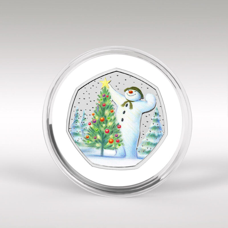 Snowman with Christmas tree on coin