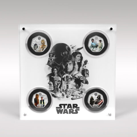 Star Wars collectors coins display with iconic character images.