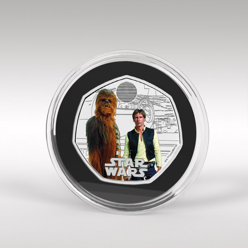 Star Wars commemorative coin featuring Chewbacca and Han Solo.