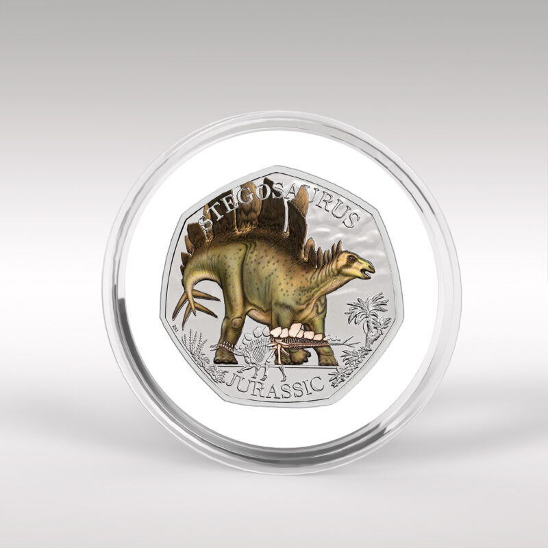 Stegosaurus Jurassic dinosaur coin in a clear case.