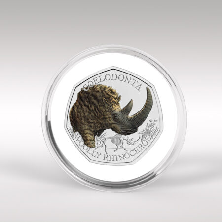 Coin with woolly rhinoceros design